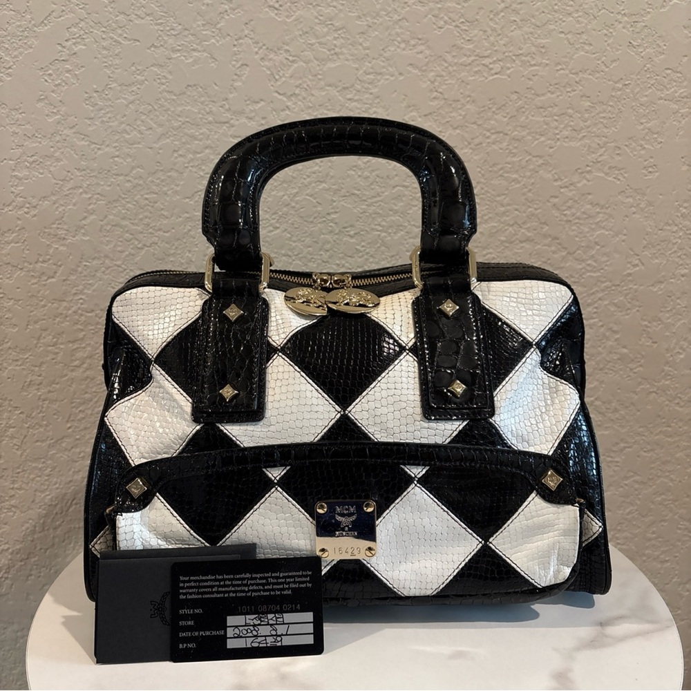 MCM Black and White Checker Satchel